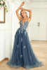 Load image into Gallery viewer, A Line Spaghetti Straps Grey Blue Long Prom Dress with Appliques