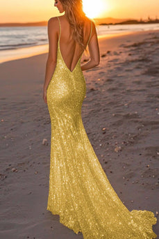 Sparkly Gold Strapless Mermaid Sequin Long Formal Dress