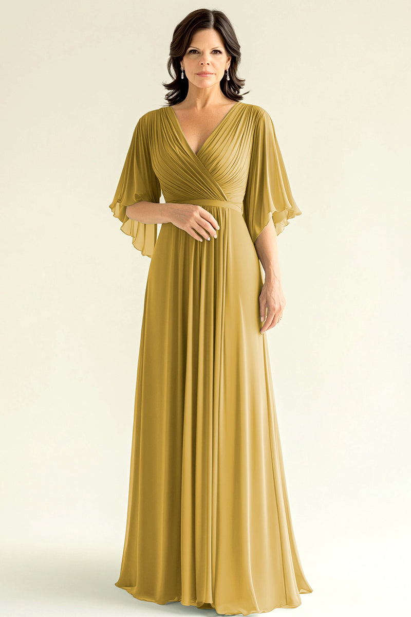 Load image into Gallery viewer, Gold V-Neck A Line Pleated Mother of the Bride Dress