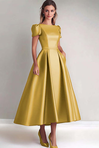 A Line Gold Puff Sleeves Satin Mother of the Bride Dress