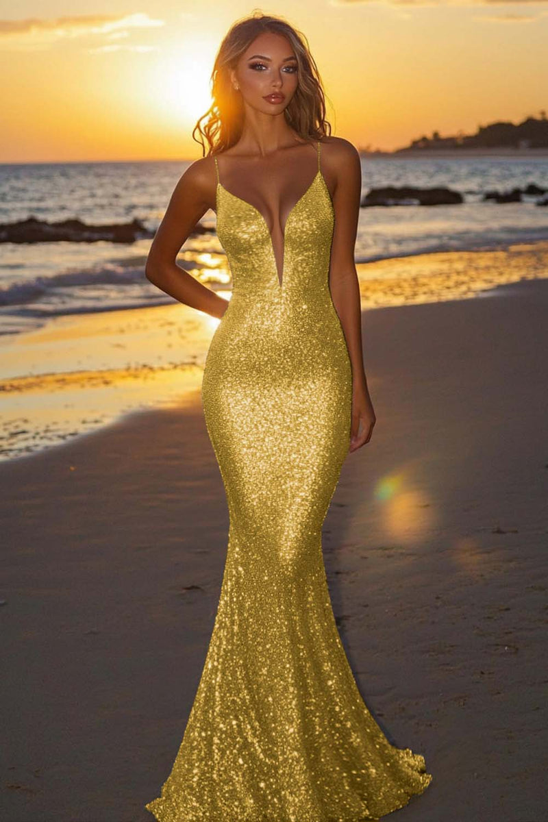 Load image into Gallery viewer, Sparkly Gold Strapless Mermaid Sequin Long Formal Dress