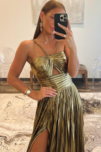 Sparkly Golden A Line Backless Long Prom Dress With Slit