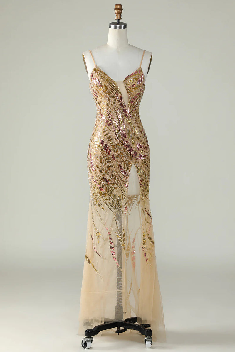 Load image into Gallery viewer, Sparkly Gold Beaded Mermaid Long Prom Dress with Slit