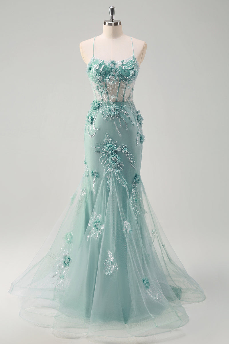 Load image into Gallery viewer, Floral Blue A Line Corset Spaghetti Straps Long Tulle Prom Dress