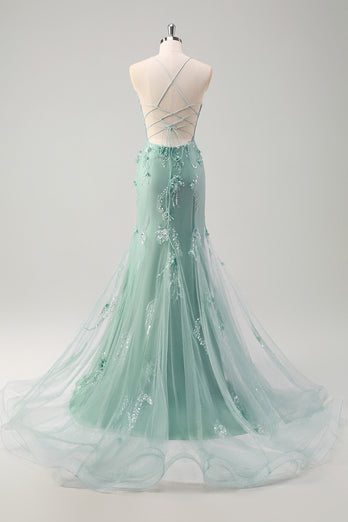 Floral Blue A Line Corset Spaghetti Straps Long Tulle Prom Dress