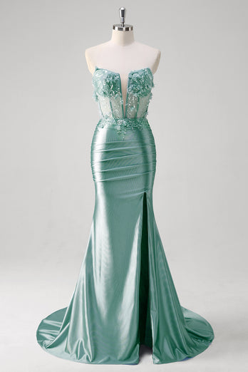 Floral Blue Mermaid Corset Strapless Long Prom Dress with Slit