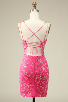 Elegant Fuchsia Spaghetti Straps Bodycon Homecoming Dress with Tassel