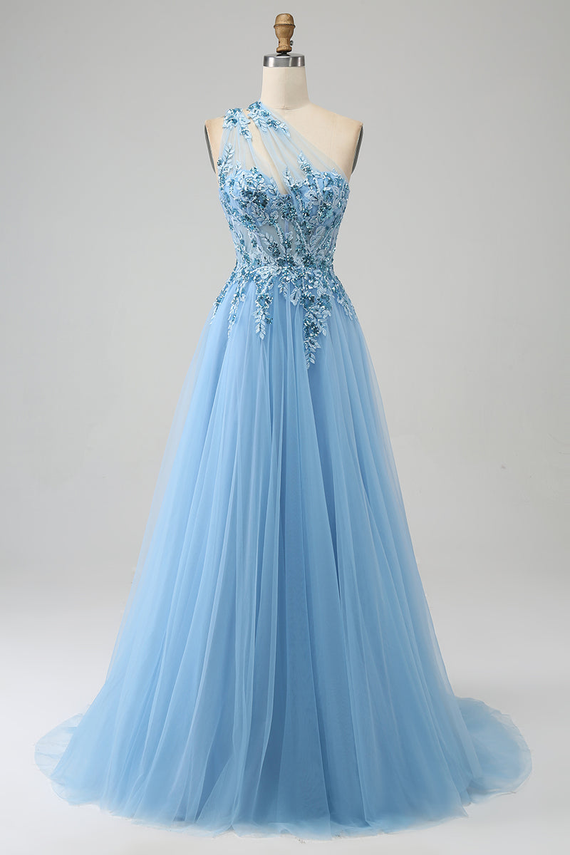 Load image into Gallery viewer, Light Blue A Line Long Corset Prom Dress With Appliques