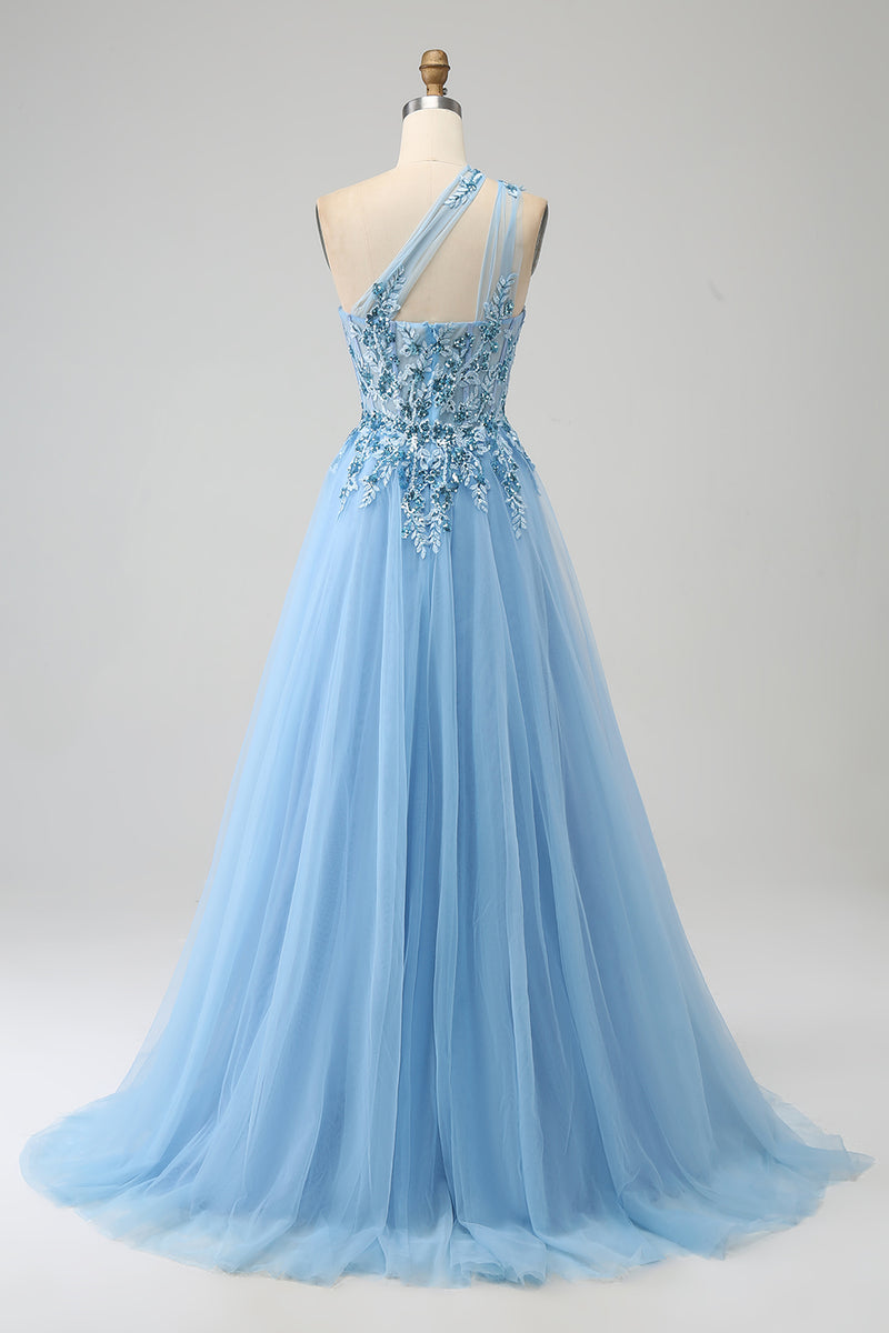 Load image into Gallery viewer, Light Blue A Line Long Corset Prom Dress With Appliques