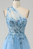 Load image into Gallery viewer, Light Blue A Line Long Corset Prom Dress With Appliques