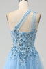 Load image into Gallery viewer, Light Blue A Line Long Corset Prom Dress With Appliques