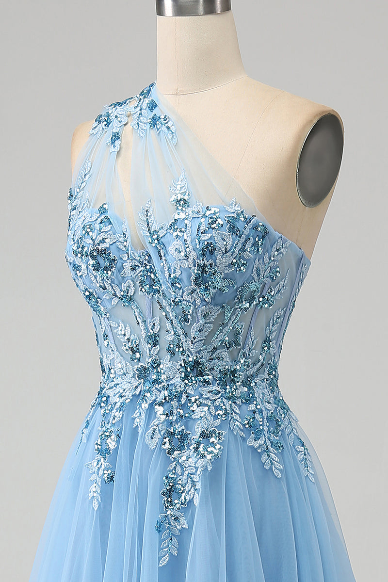 Load image into Gallery viewer, Light Blue A Line Long Corset Prom Dress With Appliques