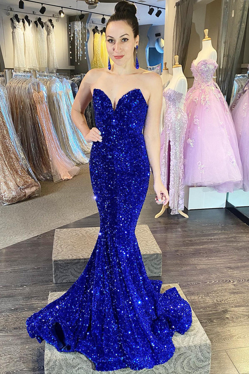 Load image into Gallery viewer, Sparkly Navy Sequins Mermaid Sweetheart Long Prom Dress