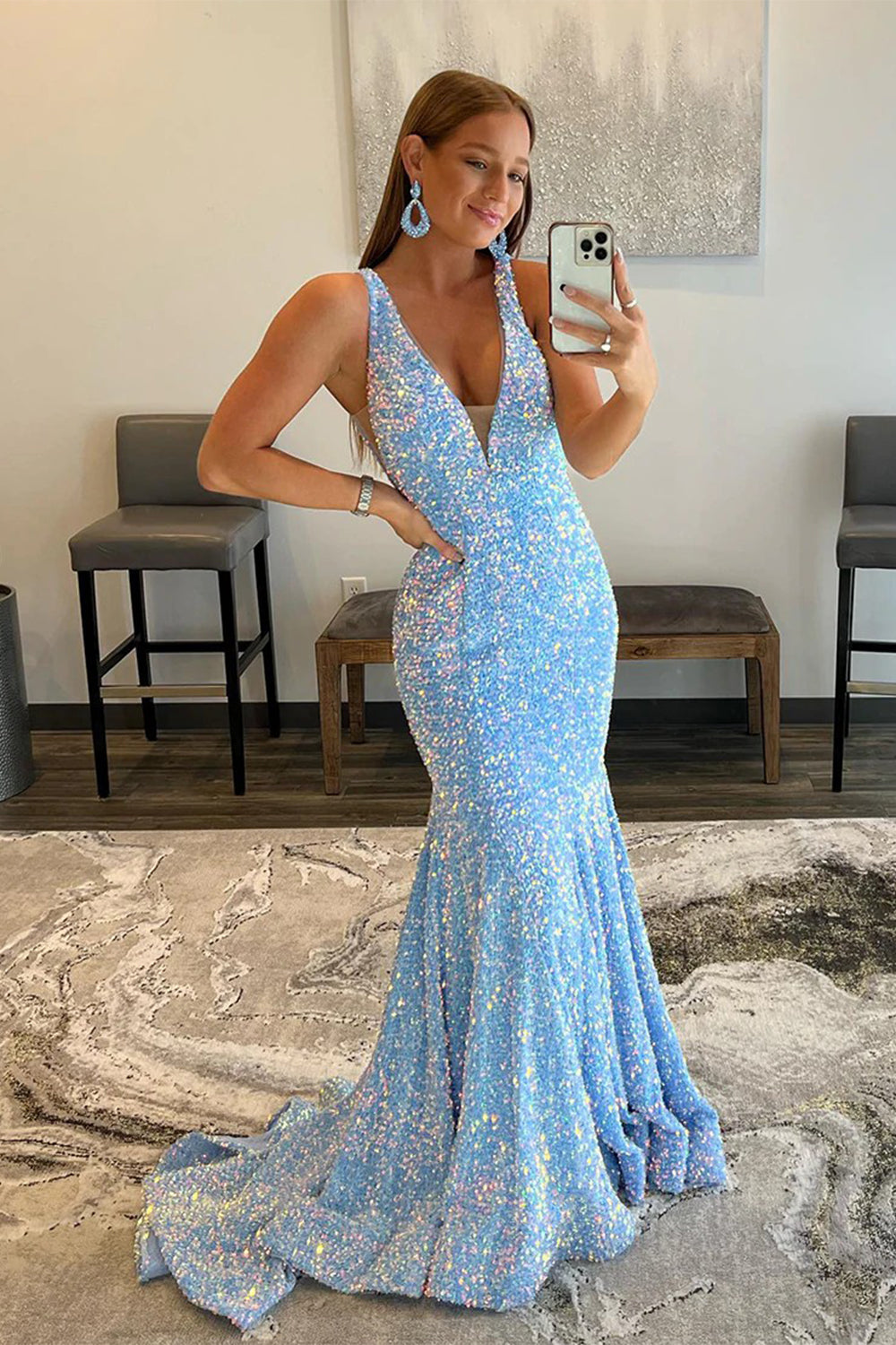 Light Blue Deep V Neck Mermaid Prom Dress