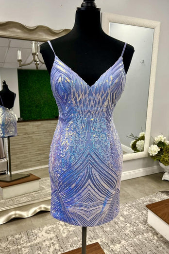 Glitter Blue Spaghetti Straps Sequins Tight Short Homecoming Dress