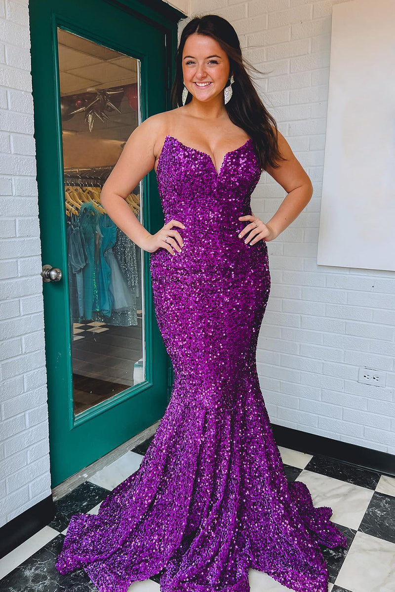 Load image into Gallery viewer, Sparkly Navy Sequins Mermaid Sweetheart Long Prom Dress