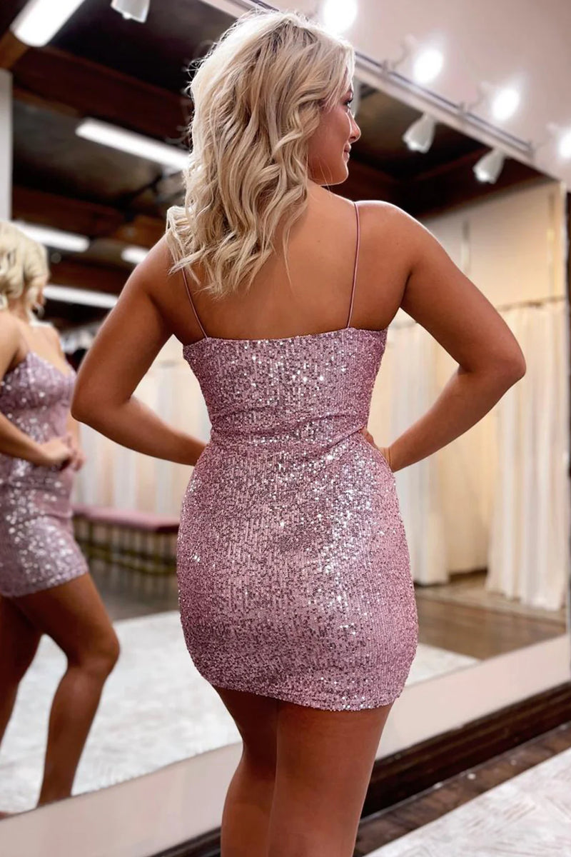 Load image into Gallery viewer, Sparkly Pink Spaghetti Straps Tight Homecoming Dress with Sequins