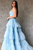 Load image into Gallery viewer, Pink A-Line Deep V Neck Tiered Long Prom Dress