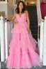 Load image into Gallery viewer, Pink A-Line Deep V Neck Tiered Long Prom Dress