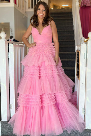 Pink A-Line Deep V Neck Tiered Long Prom Dress