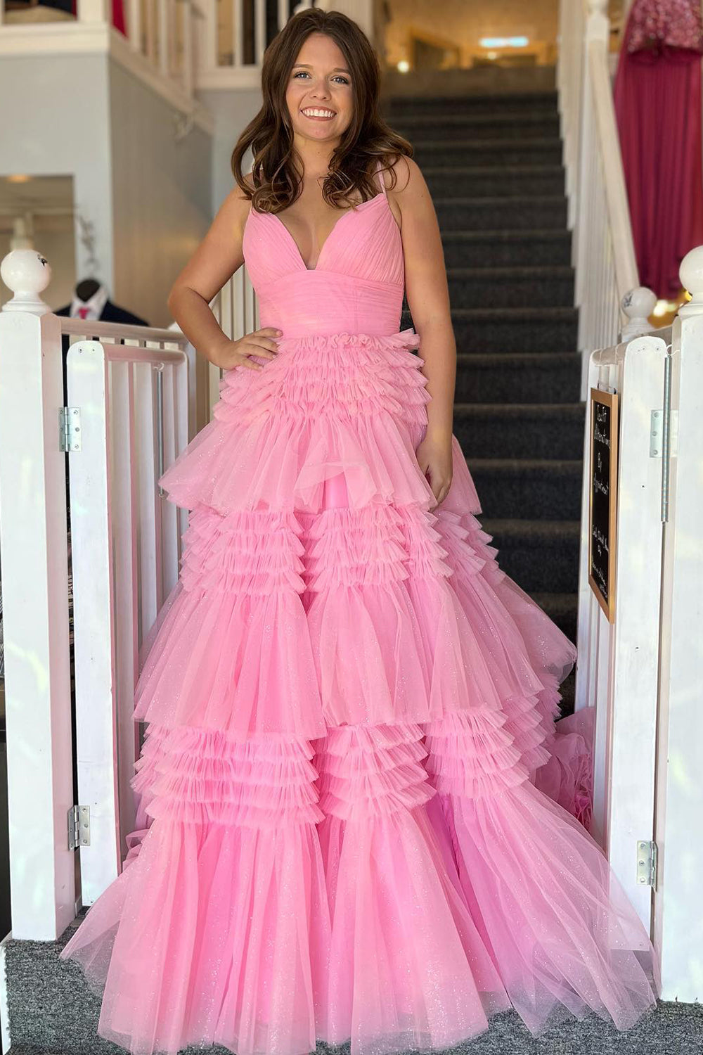 Pink A-Line Deep V Neck Tiered Long Prom Dress