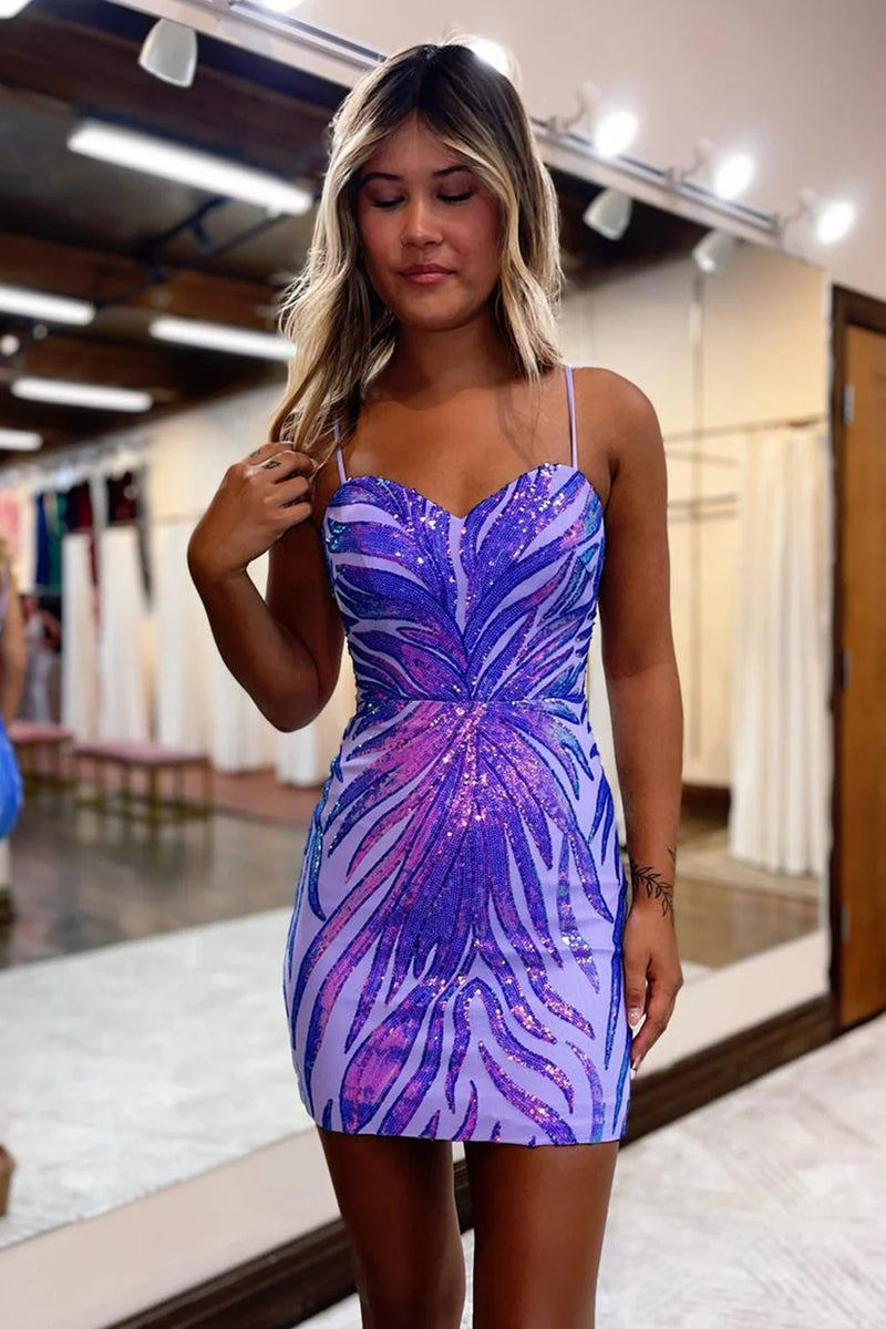 Load image into Gallery viewer, Purple Spaghetti Straps Bodycon Sequined Homecoming Dress