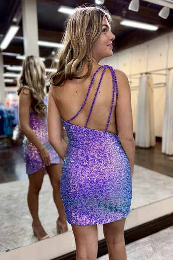 Sparkly Purple One Shoulder Bodycon Homecoming Dress with Sequins