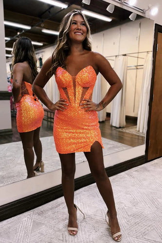 Sparkly Orange Sweetheart Corset Tight Homecoming Dress with Slit