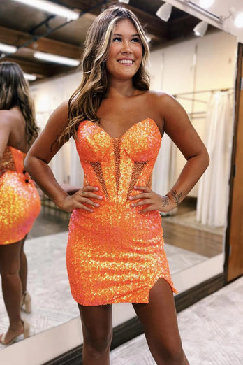 Sparkly Orange Sweetheart Corset Tight Homecoming Dress with Slit