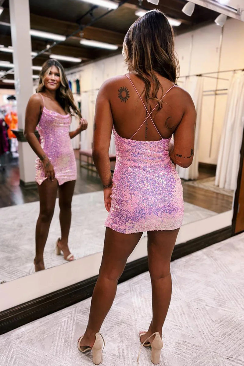 Load image into Gallery viewer, Sparkly Pink Spaghetti Straps Sequined Homecoming Dress with Slit