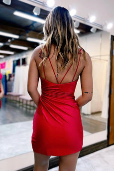 Red Spaghetti Straps V-Neck Bodycon Short Homecoming Dress