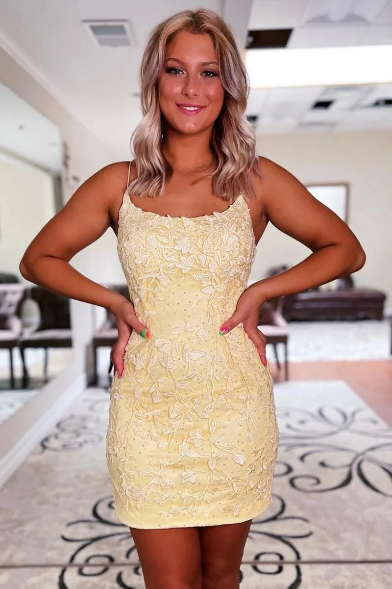 Load image into Gallery viewer, Yellow Spaghetti Straps Bodycon Homecoming Dress with Lace