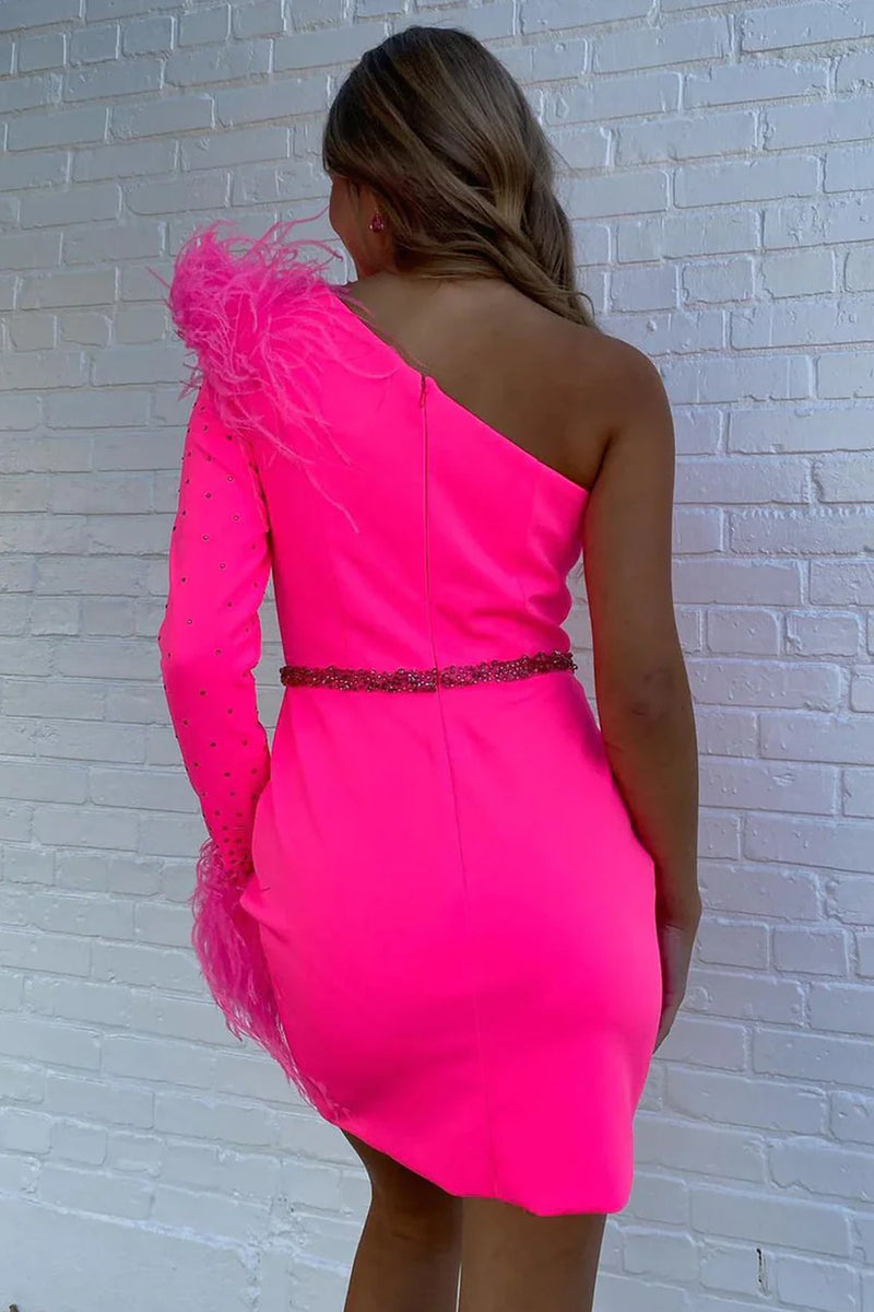 Load image into Gallery viewer, Bodycon Hot Pink One Shoulder Homecoming Dress with Feather
