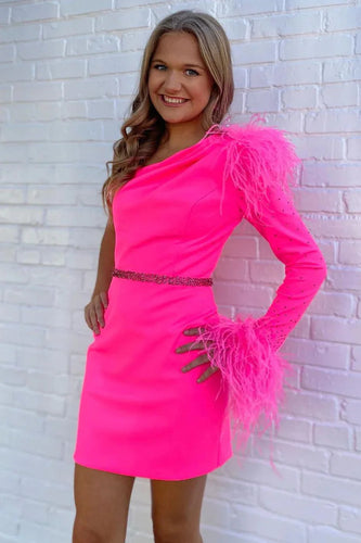 Bodycon Hot Pink One Shoulder Homecoming Dress with Feather