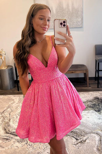 Glitter Hot Pink A-Line Spaghetti Straps Homecoming Dress with Pockets