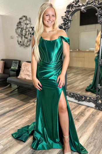 Dark Green Off the Shoulder Mermaid Corset Long Prom Dress with Slit