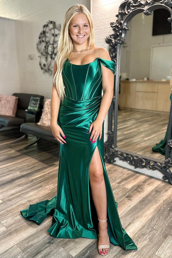 Dark Green Off the Shoulder Mermaid Corset Long Prom Dress with Slit