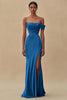 Load image into Gallery viewer, Ink Blue Ruched Off the Shoulder Chiffon Long Formal Dress with Slit