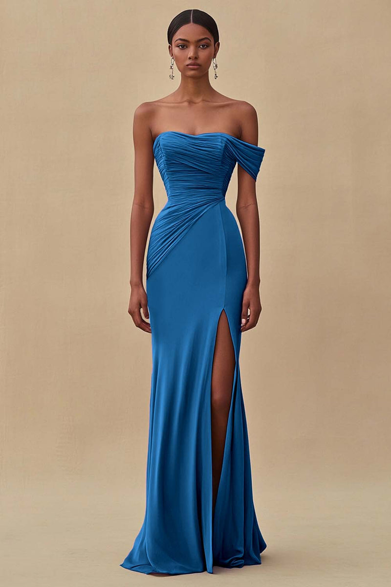 Load image into Gallery viewer, Ink Blue Ruched Off the Shoulder Chiffon Long Formal Dress with Slit