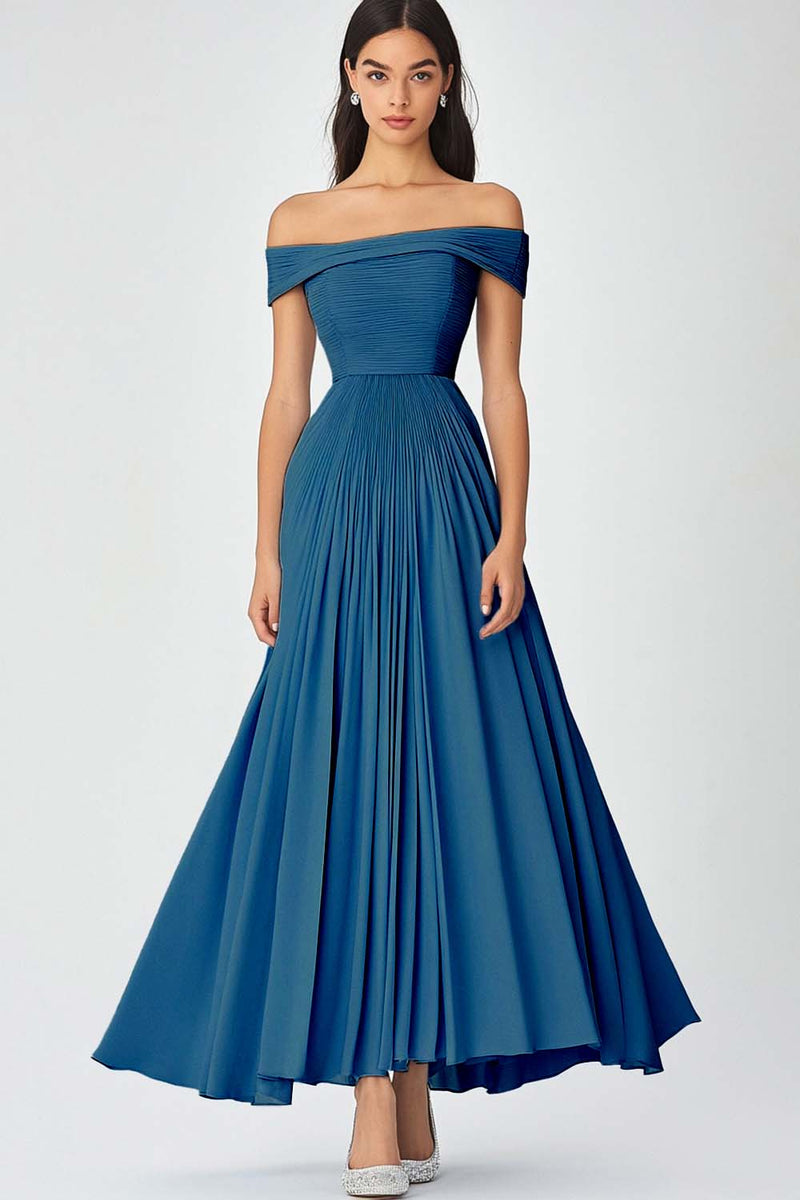 Load image into Gallery viewer, Dusty Sage Off the Shoulder A Line Chiffon Long Formal Dress