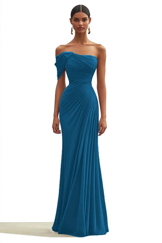 Ink Blue Sheath One Shoulder Pleated Long Formal Dress