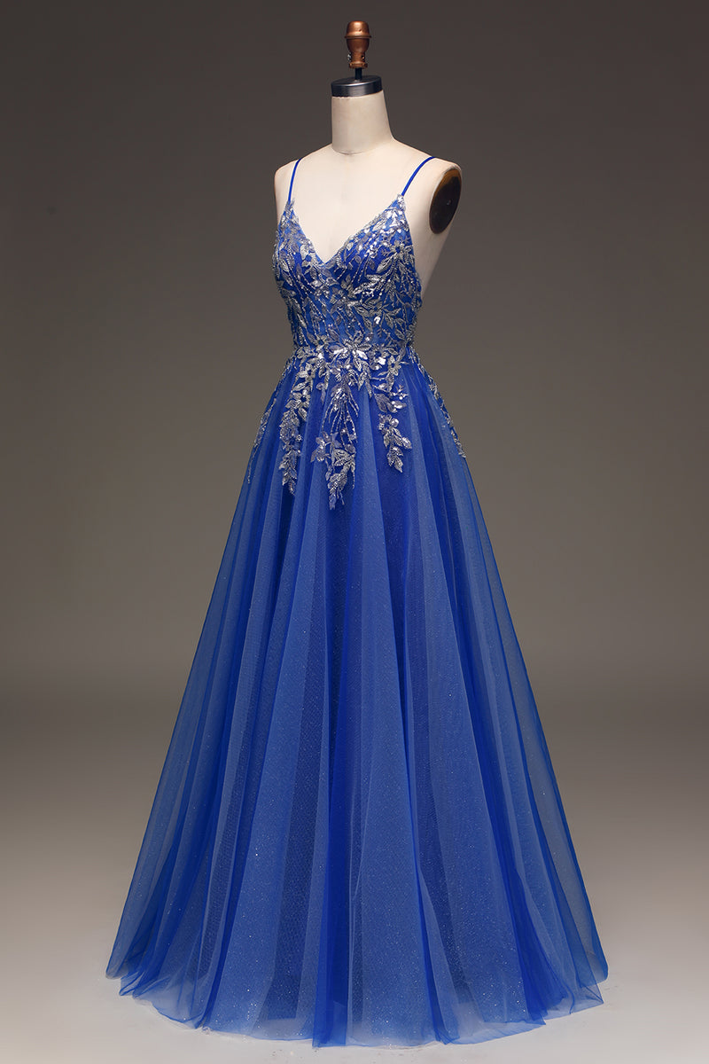 Load image into Gallery viewer, A Line Royal Blue Long Prom Dress With Appliques