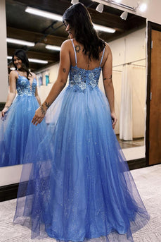 Sparkly Blue A Line Tulle Long Corset Prom Dress with Appliques