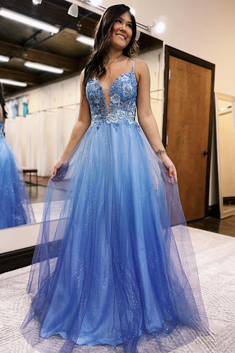 Sparkly Blue A Line Tulle Long Corset Prom Dress with Appliques