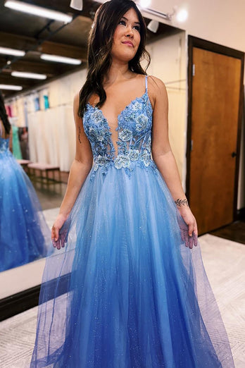 Sparkly Blue A Line Tulle Long Corset Prom Dress with Appliques