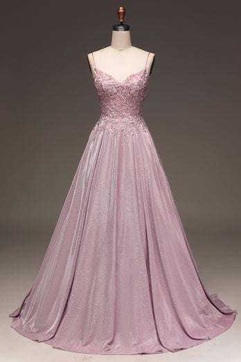 A Line Spaghetti Straps Blush Prom Dress With Appliques