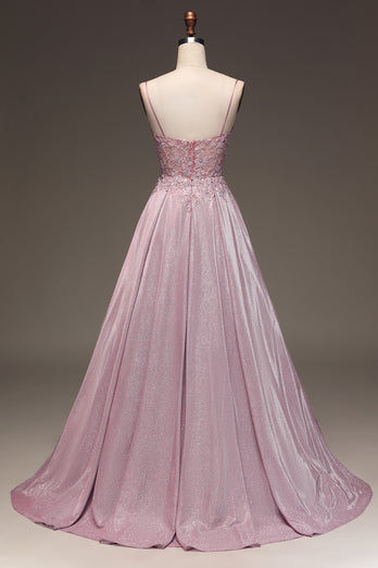 A Line Spaghetti Straps Blush Prom Dress With Appliques