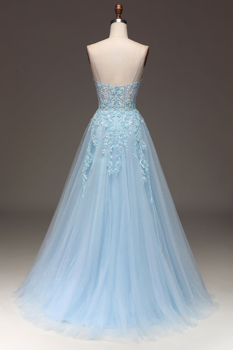 Load image into Gallery viewer, A Line Light Blue Long Prom Dress With Appliques