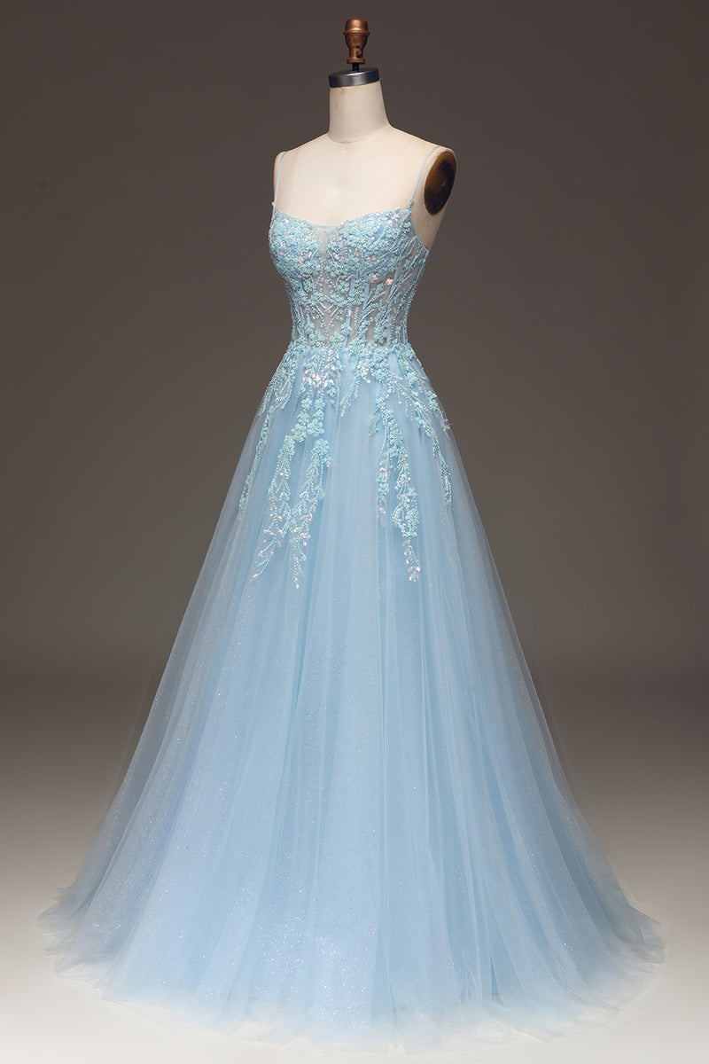 Load image into Gallery viewer, A Line Light Blue Long Prom Dress With Appliques