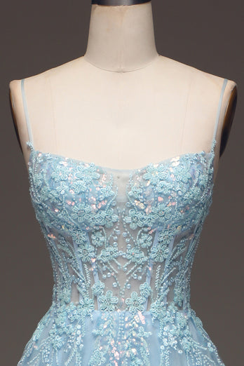 A Line Light Blue Long Prom Dress With Appliques